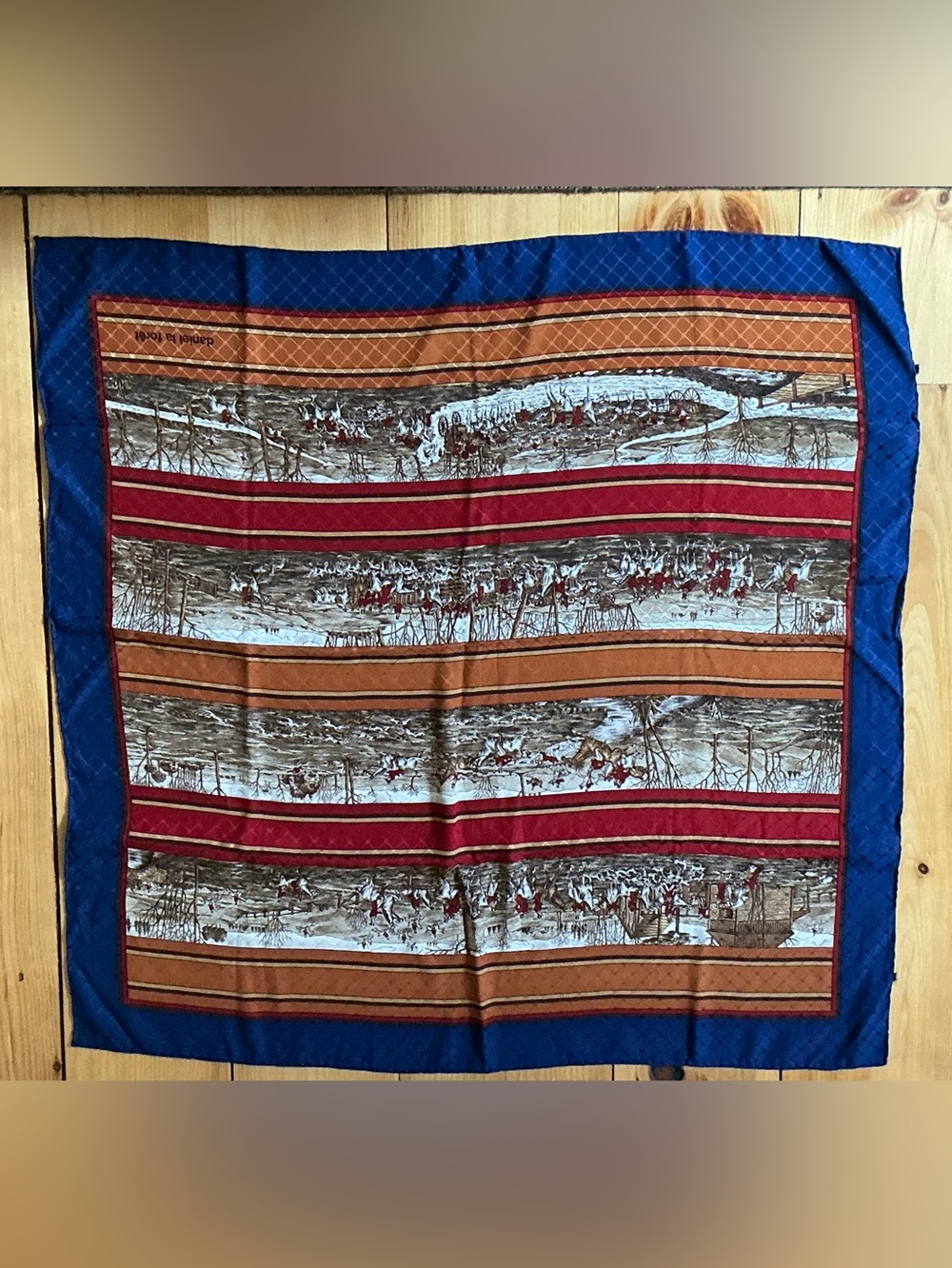Vintage Daniel la ForĂȘt Silk Scarf Equestrian Winter Landscape Blue Red 34"